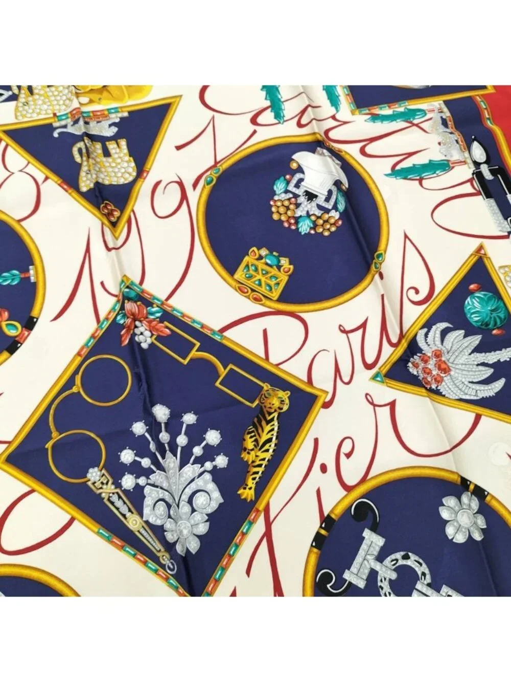 Cartier Scarf Silk 100% Red Navy Multicolor